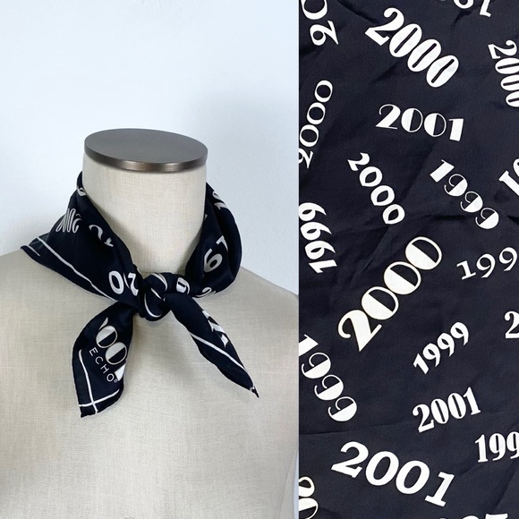 Vtg Echo 1999 2000 2001 Y2K Design Silk Scarf 21" x 21 1/2" Square Black White* - Picture 1 of 10